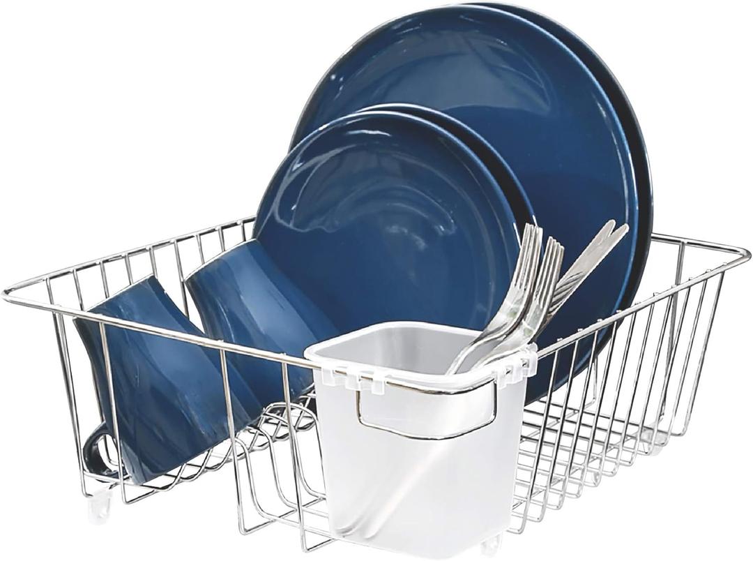 Smart Design Dish Drainer Rack - Small - In Sink or Counter Drying - Steel Metal Wire - Cutlery, Plates, Dishes, Cups, Silverware Organization - Kitchen (Chrome - 14 x 5.5 Inch)