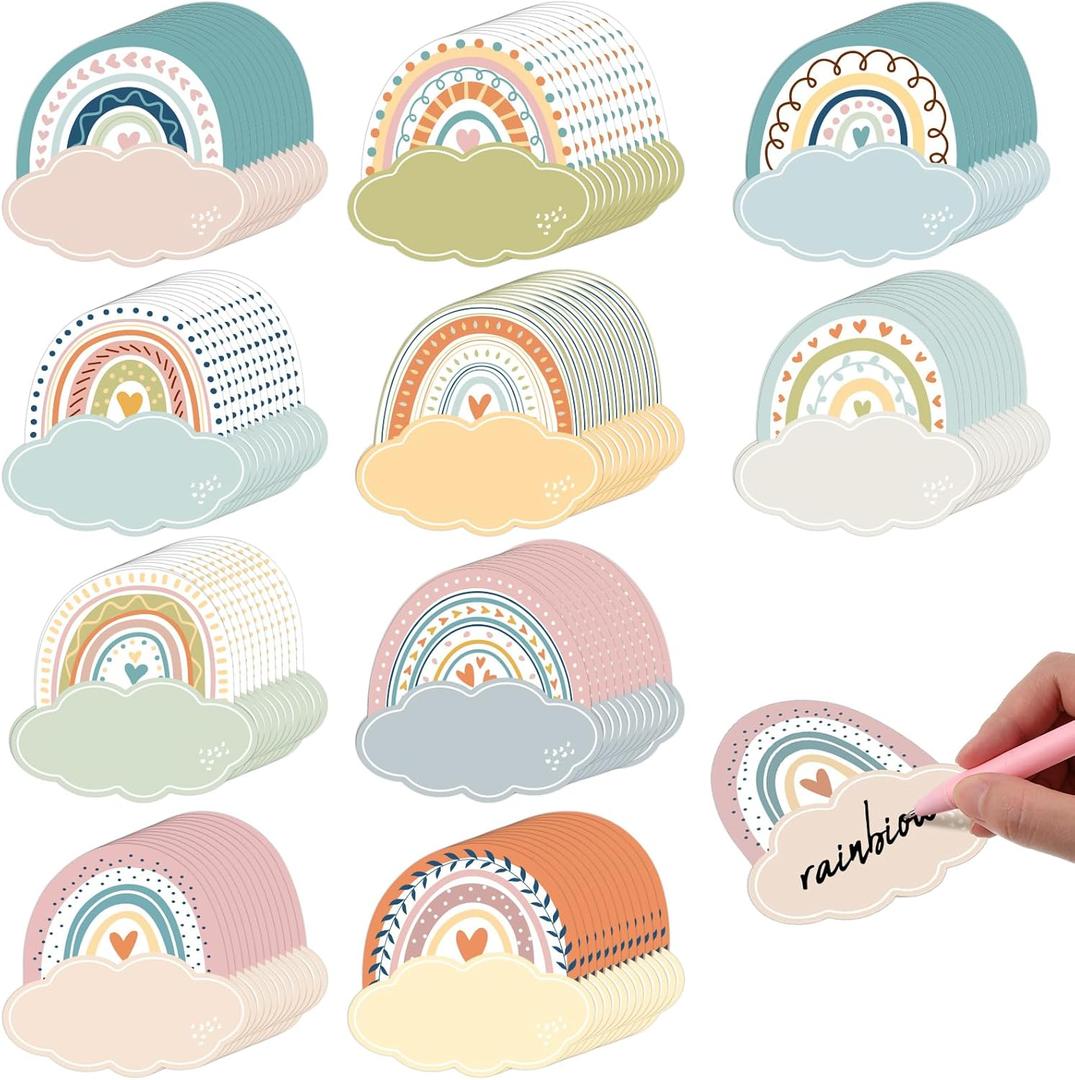 Kosiz 500 Pcs Rainbow Name Tags for Classroom 5.3" x 3" DIY Rainbow Blank Paper Desk Pastel Boho Self Adhesive Name Stickers Kids Name Labels for Back to School Party Favor Supplies