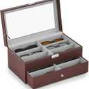 CO-Z Sunglasses Organizer with 12 Slots, Leather Eyeglasses Storage Box for Women Men, 2 Story Lockable Display Case for Multiple Glasses, Sunglasses Jewelry Collection Holder with Drawer, Brown