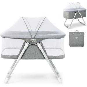 2-in-1 Baby Rocking Bassinet, Foldable Toddler Cradle with 2-Level Adjustable Height, Portable Crib with Mosquito Net & Mattress & Carrying Bag for Newborn 0-5 Months, Gray, BC10083GR
