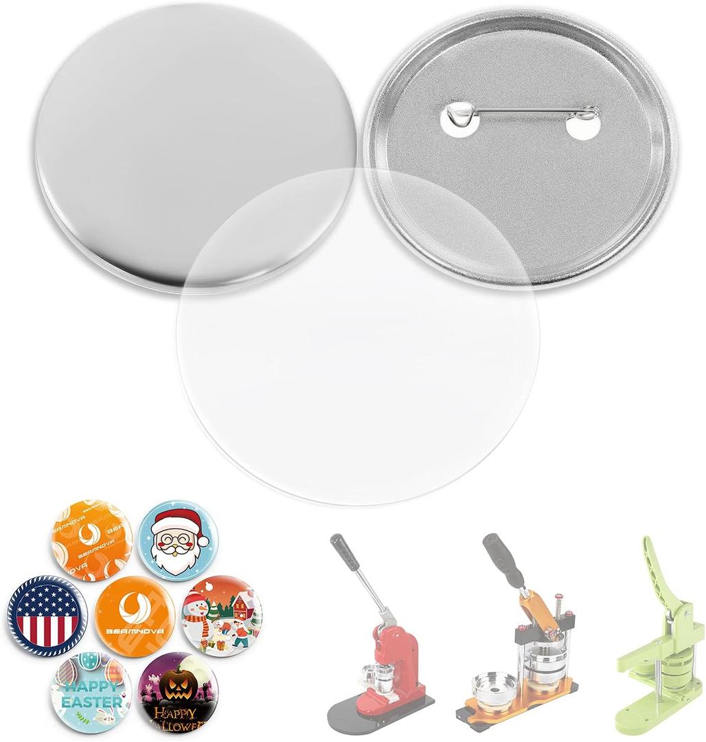 BEAMNOVA 100 Sets 58mm / 2.28 in (Approx. 2-1/4 inch) Metal Button Supplies Blanks, for Round Pin Maker Machine, Matte Metallic Back, Hand Press Badge Making Parts