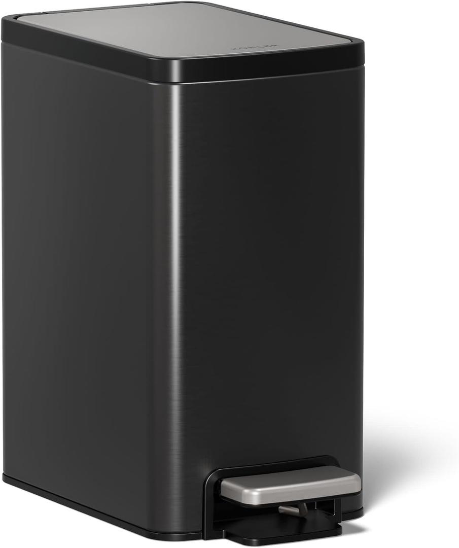 KOHLER 31319-BST Bathroom Trash Can, 1.6 Gallon, 6-Liter Step Can, Quiet-Close Small Trash Can with Foot Pedal, Black Stainless