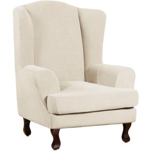 Turquoize Wingback Chair Covers 2 Piece Wing Chair Slipcover Stretch Slipcovers for Wingback Chairs Wing Chair Cover Spandex Jacquard Fabric with Elastic Bottom Non-Slip Furniture Cover, Ivory