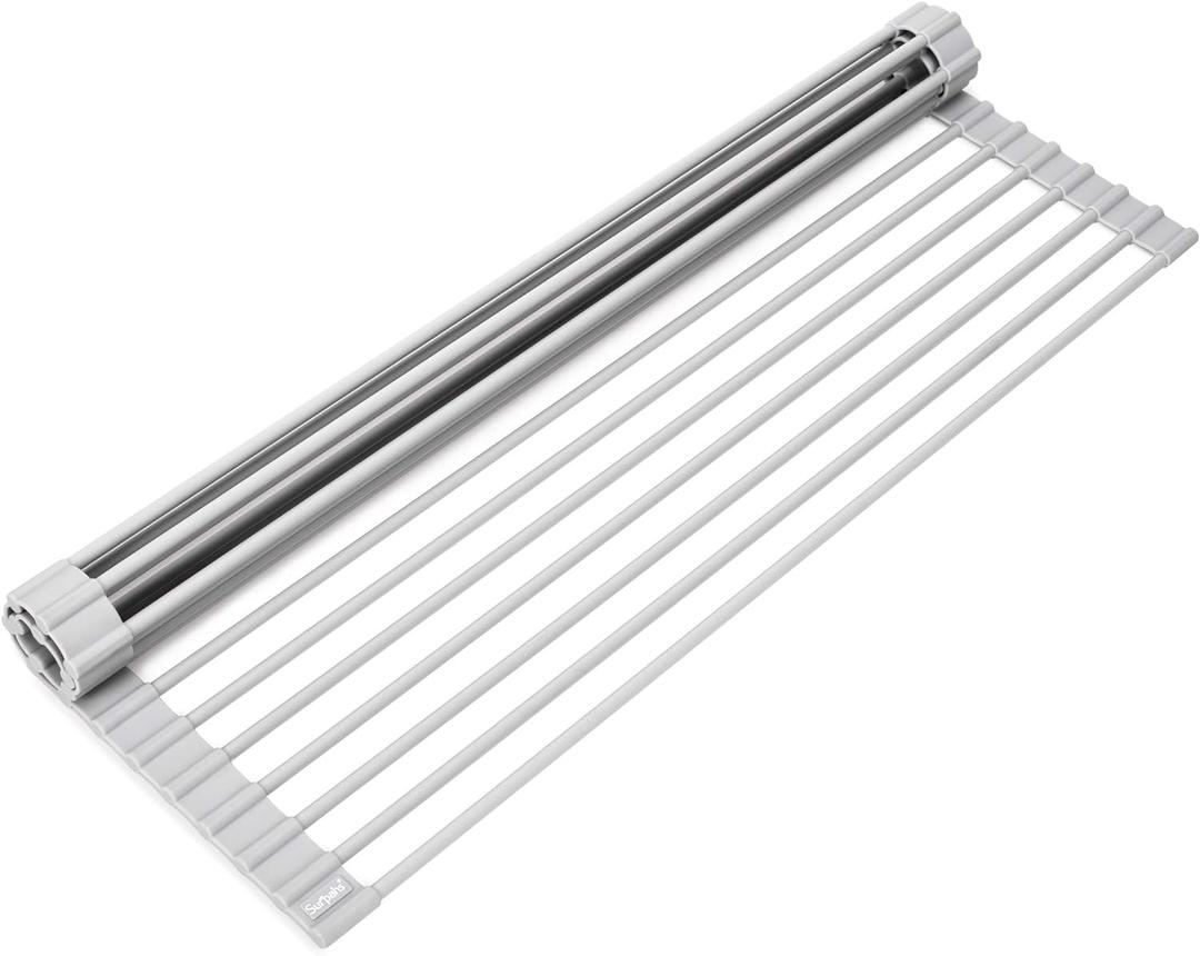 Surpahs 20.5 x 13.1 Inch Roll-Up Dish Drying Rack, Fits Across Sink Openings up to 19.5 Inches, Heavy-Duty Premium Silicone, Strong Support, Non-Slip, Heat-Resistant, Warm Gray