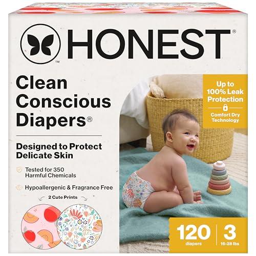 The Honest Company Clean Conscious Diapers for Sensitive Skin, Up to 100% Leakproof Hypoallergenic Fragrance-Free Baby Diapers, Girl Prints, Super Club Box, Size 5 (16–28 lbs), 84 Count (Prints Vary)