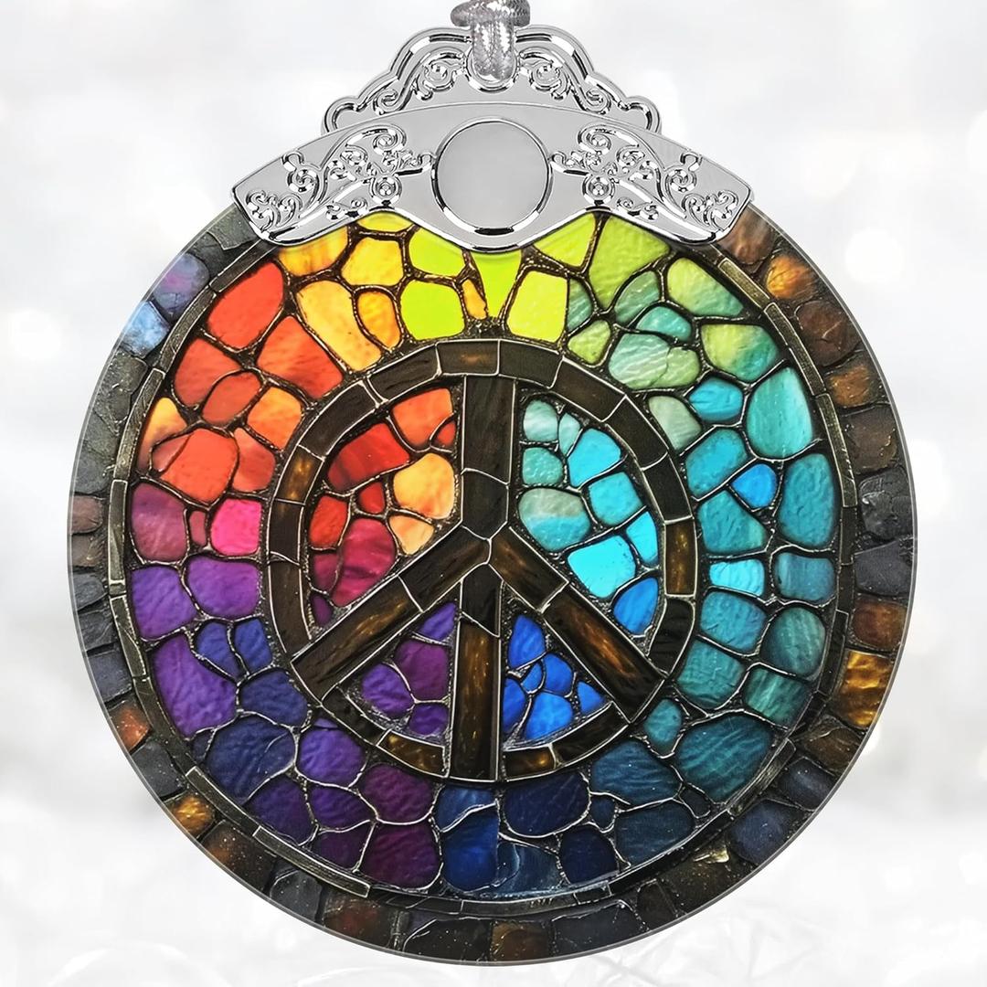 Christmas Decorations Ornaments, Stained Glass Ornament, Christmas Tree Ornaments, 2025 Gift Ornament, Xmas Gift for Friend Family Coworker - Peace Sign