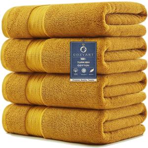 COZYART Luxury Bath Towels 4 PCS, 27x54 650 GSM Turkish Cotton, Gold | Zero Twist 100% Ring Spun Cotton, Fluffy, Ultra Soft, Super Absorbent, Quick Dry, Large Towels for Hotel Spa Bathroom Shower, Gold