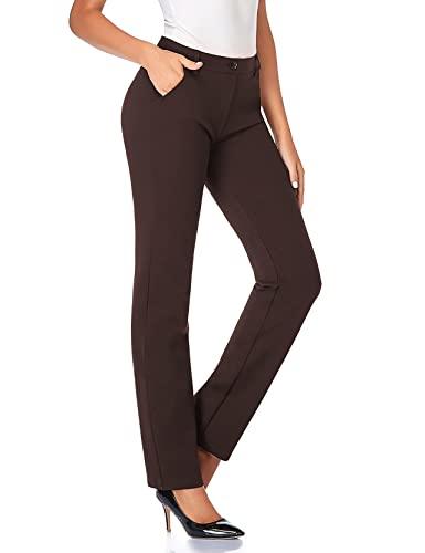 Tapata Women's, Stretchy Straight Dress Pants with Pockets Tall, Petite, Regular for Office Work Business 32", Brown, XL