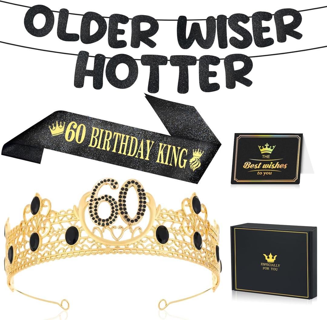 60th Birthday Decorations Gifts for Men, Including 60th Birthday King & Crown & Sash, Older Wiser Hotter Glitter Banner, Happy Birthday Party Prom Decoration For Men Him