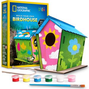 National Geographic Build Your Own Birdhouse Kit  DIY Wooden Birdhouse Craft with Paints, Brush, Bird-Watching Journal & Educational Poster for Kids, Bird House Craft