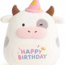 12 inch Happy Birthday Cow Plush Pillow, Soft Penguin Plushies Toy, Cute Milk Cow Print Stuffed Animal Home Room Decoration Birthday Party Easter Gift for Kids Boys Girls, Halloween, Christmas