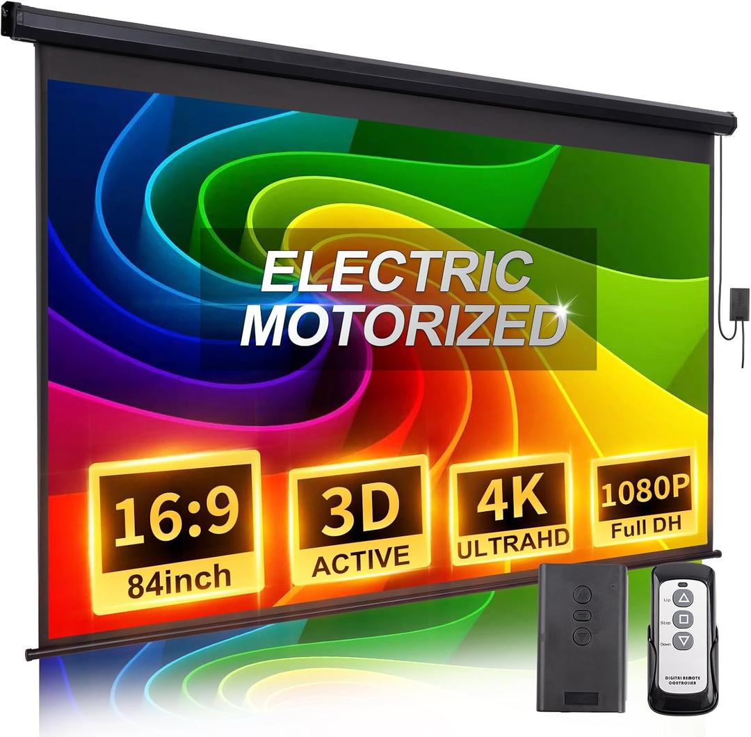 Projector Screen Motorized 84 Inch 16:9 HD Electric Projector Screen Pull Down with Remote, Automatic Projector Screens Wall Ceiling Mount Movie Screens for Projectors Outdoor Indoor, Black