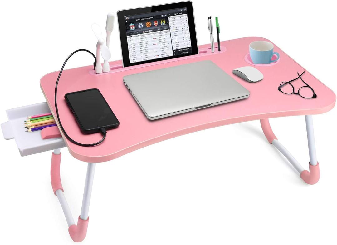 Slendor Lap Desk with Tablet Slot, Foldable Laptop Table with Storage Drawer for Bed, Portable Bed Desk for Laptop, Computer Tray with Cup Holder Notebook Stand Reading Holder for Couch Floor, Pink