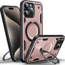 WYUIC Designed for iPhone 15 Pro Magnetic Case, Compatible with Magsafe, 10ft Drop Test Hard Rugged, 360 Rotating Ring Kickstand Heavy Shockproof Protection Phone Case iPhone 15 Pro Cover, Rose Gold