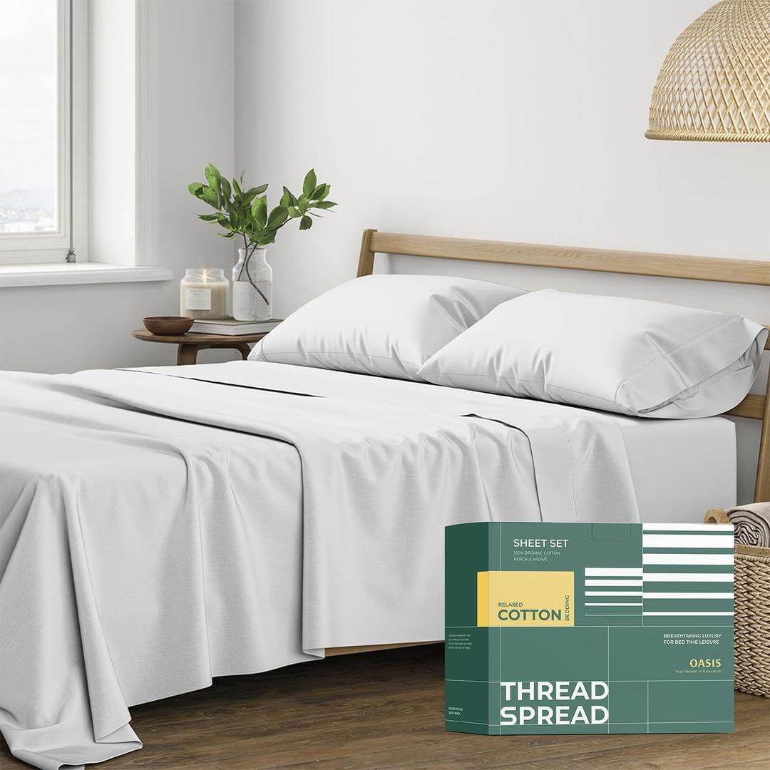 THREAD SPREAD 100% Organic Cotton Sheets Queen Size - 4 PC Organic Cotton Queen Size Percale Weave Sheet Set, Soft, Cooling, Crisp & Breathable, 16" Deep Pocket Hotel Quality Bedding Set - Light Grey