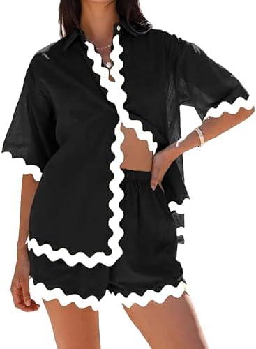 Lingjiazi Women's 2 Piece Beach Outfits Short Sleeve Button Down Linen Shirts and Shorts Pajama Sets Loungewear, M