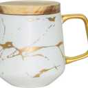 LUCCK Ceramic Coffee Mug with Wooden Lid 14.5 OZ Tea Cup Luxury Gold Inlay Marble Pattern Ceramic Mug Coffee Tea Mug Gift for Women Wife Girl Grandma (White),1 Count (Pack of 1)