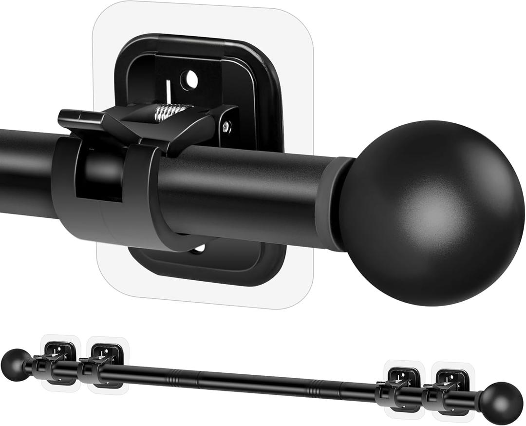 Curtain Rods No Drilling for Windows Set 30 to 45 Inch,5/8 Inch Diameter Drapey Pole with No Drill Curtain Rod Brackets,Renter Friendly Cortineros Para Ventanas with Adhesive Holder Hook (Black)