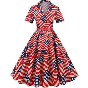 1950s Vintage Shirt Dress Short Sleeve Audrey Hepburn Style Vintage Cocktail Swing Dresses (Medium, American Flag)