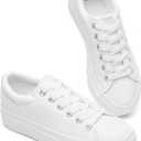 BABUDOG Womens Synthetic Leather Platform Sneakers,White Platform Shoes,Lace-up Tennis Shoes for Women,Comfortable Casual Shoes (10)