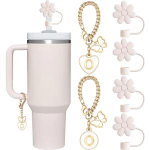 4 x Compatible with Stanley Cup Accessories, 2PCS Butterfly Letter Charms with 4PCS 10mm Stanley Straw Cover Cap for Stanley Cup 30&40 Oz, Silicone Stanley Straw Toppers for Stanley Tumbler(O)