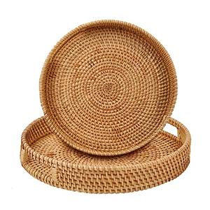 Whalehub Round Rattan Serving Tray with Handles,1 Hand Woven Basket, Home Decor Organizer Tray for Breakfast, Tea, Snack, Fruit, Coffee, Storage (Large + Medium)(14.17inchX2.3inch+11.9inchX1.7inch
