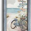 Bedroom Beach Seascape Wall Art: Coastal Tropical Seaside Bicycle with Flower Beachy Signs Rustic Scenery Wooden Framed Prints Picture Ocean Seashore Painting Artwork Decor for Living Room Bathroom Home Office 24"x16"