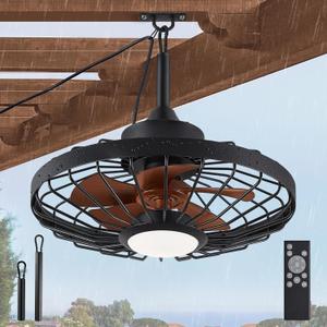 LEDIARY 20" Outdoor Ceiling Fans with Lights and Remote Control, Waterproof Caged Ceiling Fan with 3 Color LED Light,Portable Hanging Gazebo Fan with Plug in Cord Hook for Patios, Walnut