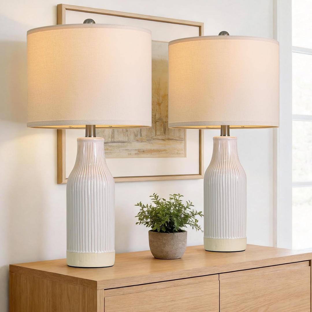 23.75 inches Modern Ceramic Table Lamp Set of 2 for Living Room, Farmhouse Bedside Nightstand Lamp for Bedroom Home Office Dorm