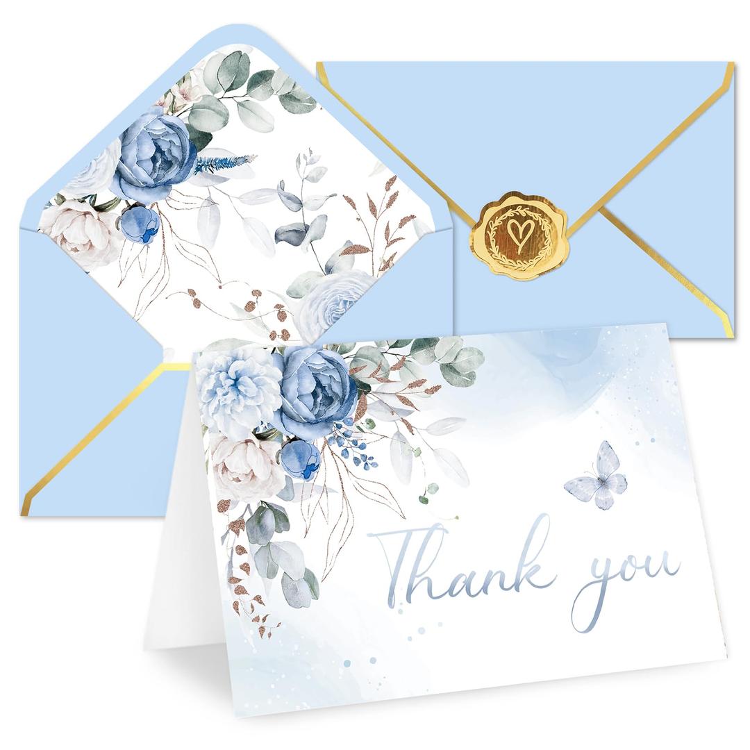 Whaline 50 Pcs Blue Floral Thank You Cards Spring Flower Greeting Cards with Envelope Sticker Blank Note Card for Baby Bridal Shower Wedding Birthay Party Invitation Supplies, 4 x 6 Inch