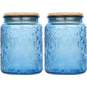 Glass Storage Jars With Airtight Lid, 23.7oz Canister For Kitchen Counter with Bamboo Lid, brown sugar, candy, coffee, cookie, salt, tea,pantry cute Jar (Blue 2-Pack, 23.7 fl oz)