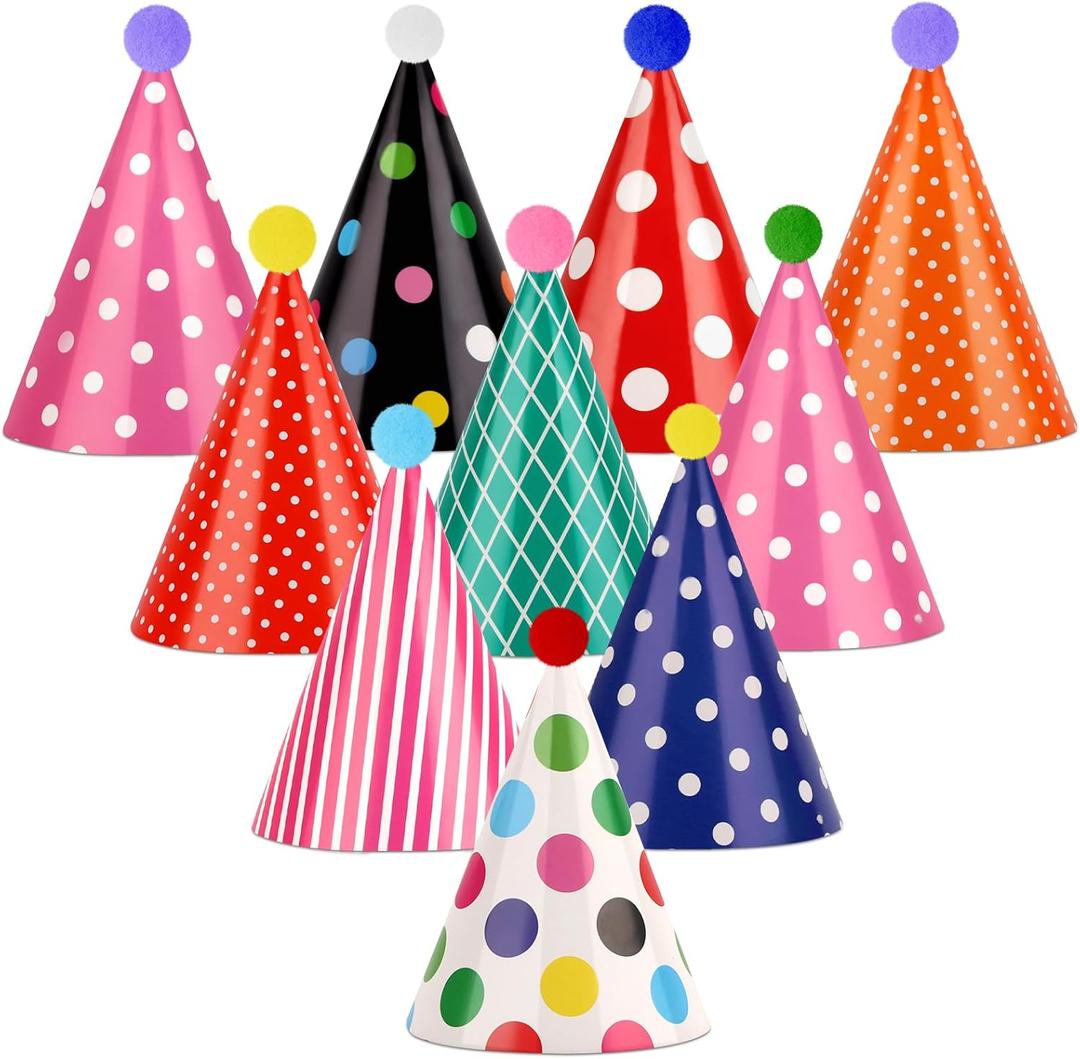 Hooqict 10 PCS Colorful Mini Party Hats for Stuffed Animals Cute Tiny Birthday Party Paper Cone Hats with Pom Poms for Kids Baby Boys Girls Pets Birthday Decorations Supplies