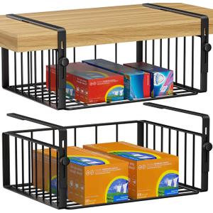 Amon Houseware 2 Pack Under Shelf Basket Organizer, Adjustable Hanging Holder Storage for Cabinet Pantry Kitchen Cupboard Desk Counter Bookshelf Organization Add-on Space Saver Heavy Duty Slide-in, Black (Large)