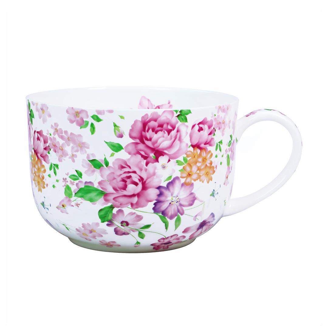 LanHong 25 Ounce Bone China Soup Bowls with Handles Large Soup Mug for Coffee Cereal Oatmeal Latte Flora Soup Bowl Bone China Soup Cup Microwave Safe (Pink Floral)