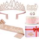40th Birthday Decorations for Women, Including Crown/Tiara, Sash, Cake Topper and Candles, 40th Birthday Gifts Women