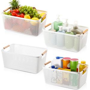 Tioncy 4 Pcs White Mesh Baskets with Wooden Handles Plastic Storage Organizer Baskets Pantry Basket Fruit Vegetables Gathering Basket Bin for Organizing Cabinet Closet Bedroom Kitchen(Large)