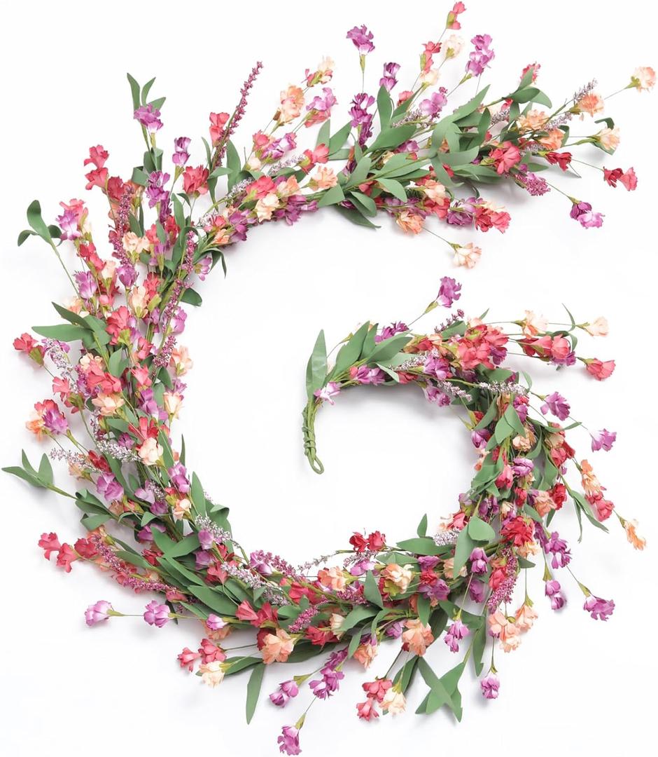 Artgar Flower Garland 6Ft Spring/Summer Garland Floral Garlands for Mantle All Year Round Paper Garlands Decor for Indoor Outdoor Home Wedding Arch Porch Staircase Year Round Decor (Red&Orange&Purple) (Red&orange&purple)
