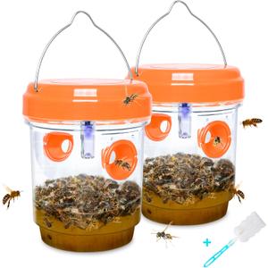 2 Pack Solar Wasp Traps Outdoor Hanging Carpenter Bee Traps for Outside Yellow Jacket Trap Hornet Trap Wasp Killer with UV LED Light Reusable Bee Catcher for Patio Garden
