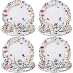 Qinyoung 8 Pcs Wildflower Salad Plates 8" Melamine Spring Dinner Plates Plastic Dishes Summer Dinnerware for Wedding Baby Shower Birthday Party Supplies Table Decorations