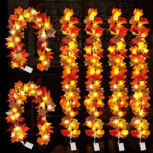 6 Pack Fall Decor Maple Leaves with Lights, 6.8Ft Artificial Maple Leaf Autumn Garland Thanksgiving Decor for Home Indoor Outdoor Autumn Harvest Halloween Decor
