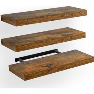 AMADA HOMEFURNISHING Floating Shelves, Wall Shelves for Bathroom/Living Room/Bedroom/Kitchen Decor, Decor Shelf with Invisible Brackets Set of 3, Rustic Brown - AMFS07V (15.7 Inches)