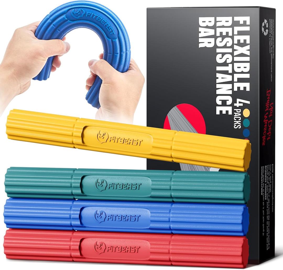 FitBeast Flex Therapy Bar, Tennis Elbow Therapy Bar - Ideal for Relieve Tendonitis Pain & Improve Grip Strength, Fitness Resistance Bar for Golfers Elbow & Tendinitis, Twist Bar for Physical Therapy (4 Piece Set - Yellow Green Blue Red)