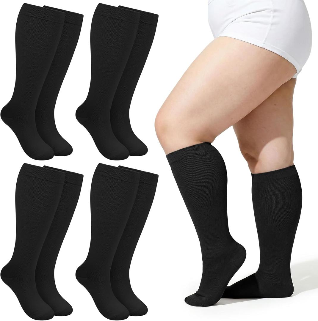 Plus Size Compression Socks for Women Men Wide Calf L/XL (15-20mmhg) Knee High Socks Support Compression Stockings for Nurses and Flying, Black