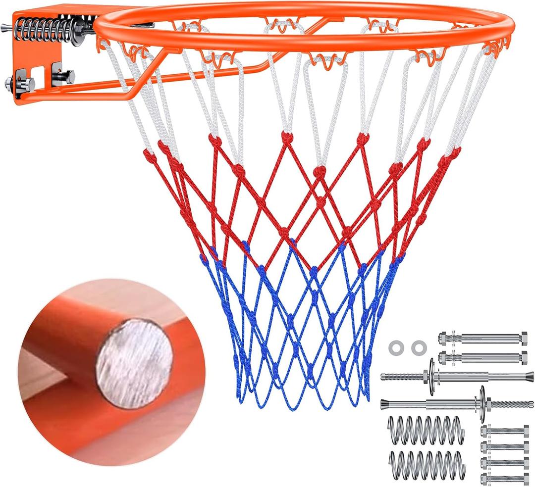 Basketball Rim, 18" Replacement Wall Mounted Outdoor Basketball Hoop, Heavy Duty Solid Steel, Double Spring Basketball Hoop Rim with All Weather Net for Indoor and Outdoor Hanging