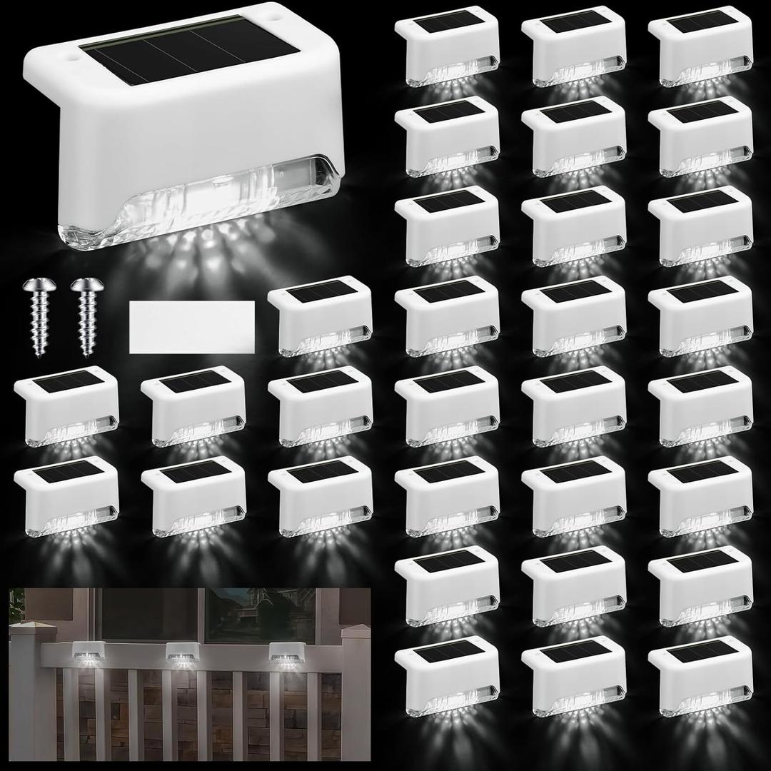 32 Pcs Solar Deck Lights Outdoor, Waterproof LED Solar Step Fence Lights for Stairs, Step, Railing, Patio, Driveway, Garden, Pathway and Yard(White Shell Cool White Light)