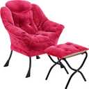 Fabric Lazy Chair with Ottoman, Oversized Upholstered Sofa Chair for Adults, Plush Comfy Lounge Chair with Large Side Storage Pocket, Reading Chair for Living Room, Bedroom, Office, Rose Red (Rose Red-f)