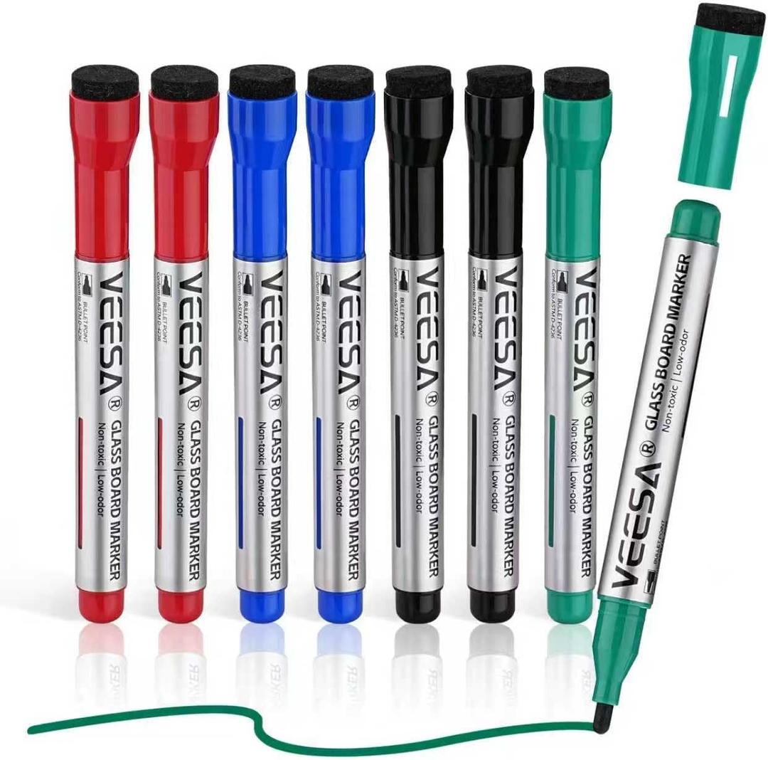 Glass Board Dry Erase Markers, Bullet Tip, 8 Pack with Magnetic Eraser Caps, 4 Assorted Colors, Designed for Glass Board, Bold Color