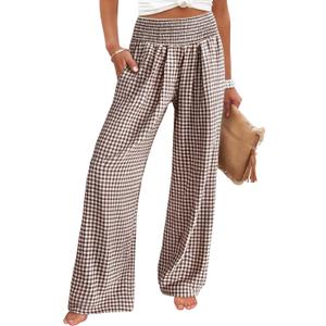 ANRABESS Womens Striped Gingham Palazzo Pants | Wide Leg Smocked High Waisted Pajama Pants, Lounge & Casual, Summer Fall Cute Pants with Pockets (Black, S)