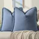 ZWJD Pillow Covers 22x22 Set of 2 Blue Throw Pillow Covers with Fringe Chic Cotton Decorative Pillows Square Cushion Covers for Sofa Couch Bed Living Room Farmhouse Boho Decor