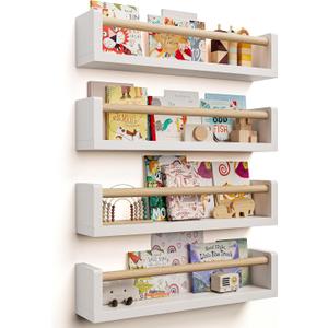 Seocry Nursery Book Shelves, 4 Pack, Wall Book Shelves for Kids Room, Baby, Toddler, Nursery Decor (White Wood, 16.5 Inches)